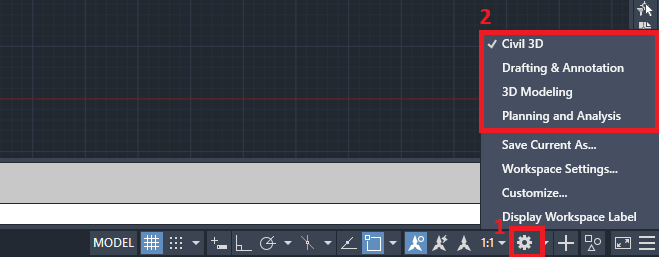 Botão de troca de Workspace no AutoCAD